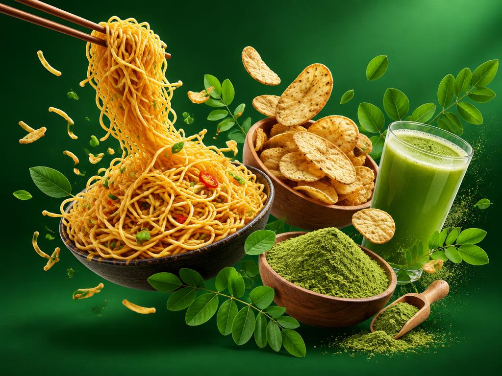 Noodles, healthy snacks and moringa food concepts